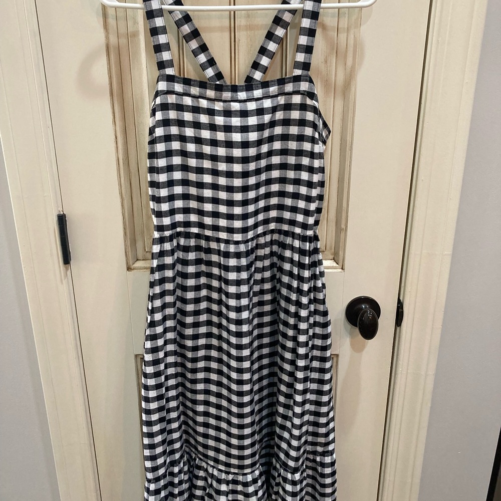 LOFT outlet Gingham Fit & Flare  linen/cotton summer midi Dress 8 petite
